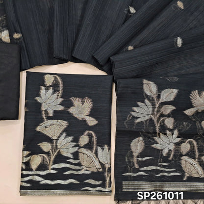 Black semi tussar unstitched salwar material, gold and silver zari weaving on front (Textured, Lining Needed)matching silky bottom, semi tussar dupatta with rich weaving. SP261011