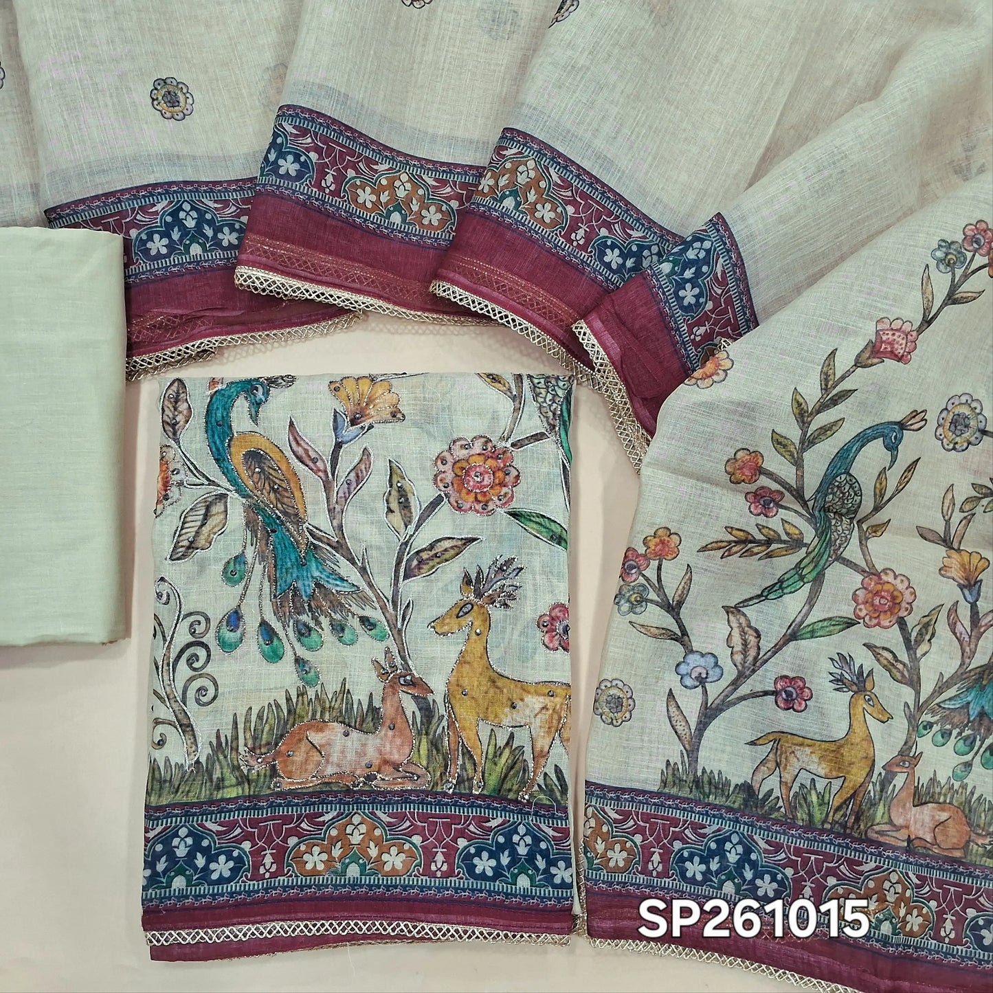 Beige and reddish maroon digital printed tissue linen unstitched salwar material, zai, thread and sequins detailing on front (Texture, Lining Needed)matching cotton bottom, digital printed tissue linen dupatta. SP261015