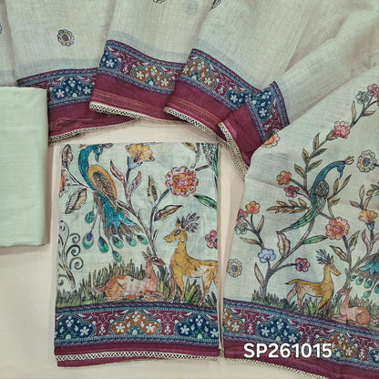Beige and reddish maroon digital printed tissue linen unstitched salwar material, zai, thread and sequins detailing on front (Texture, Lining Needed)matching cotton bottom, digital printed tissue linen dupatta. SP261015