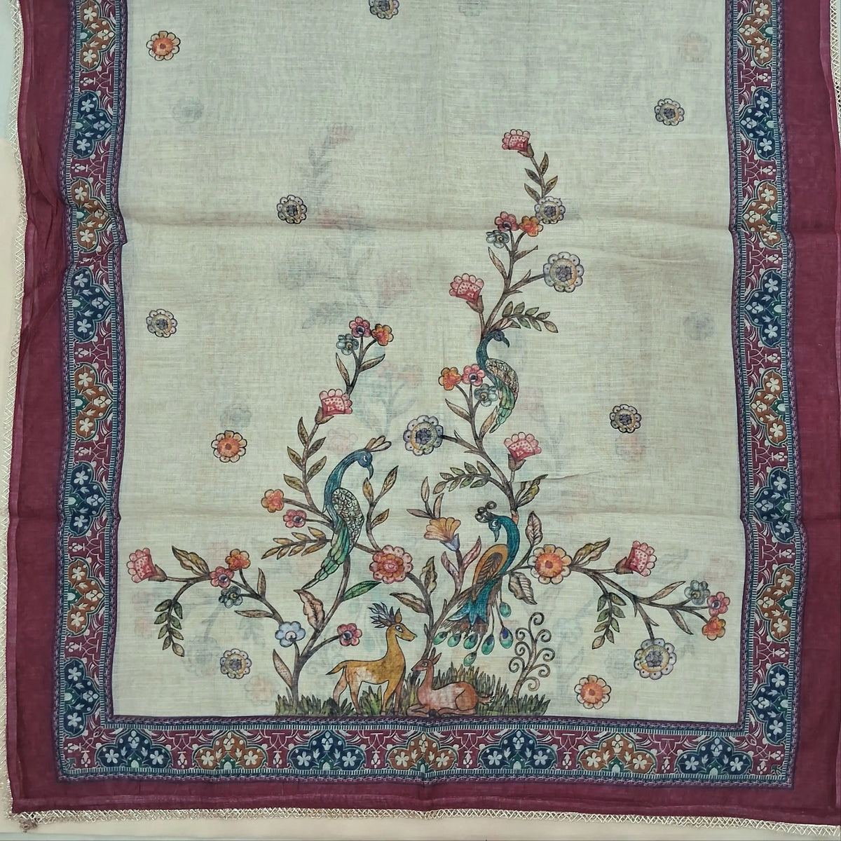 Beige and reddish maroon digital printed tissue linen unstitched salwar material, zai, thread and sequins detailing on front (Texture, Lining Needed)matching cotton bottom, digital printed tissue linen dupatta. SP261015