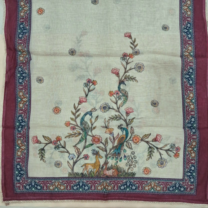 Beige and reddish maroon digital printed tissue linen unstitched salwar material, zai, thread and sequins detailing on front (Texture, Lining Needed)matching cotton bottom, digital printed tissue linen dupatta. SP261015