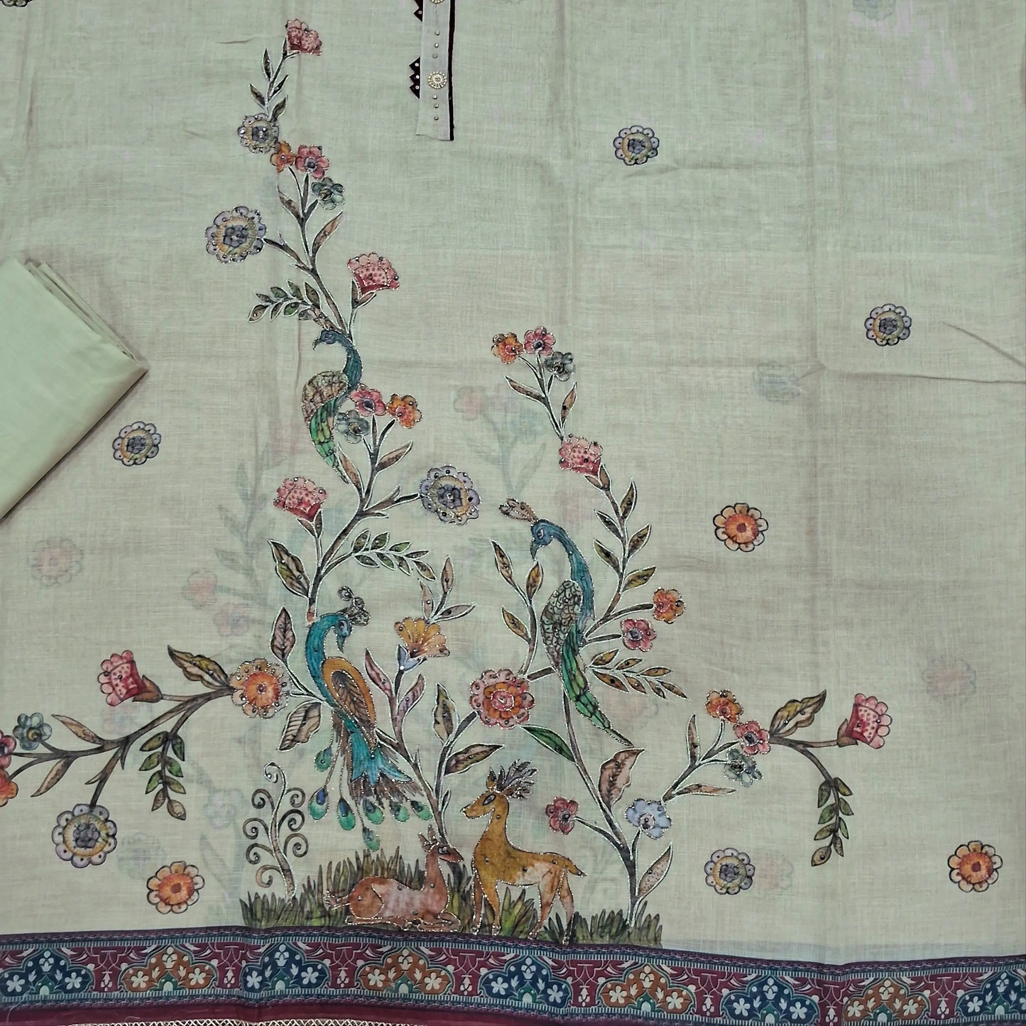 Beige and reddish maroon digital printed tissue linen unstitched salwar material, zai, thread and sequins detailing on front (Texture, Lining Needed)matching cotton bottom, digital printed tissue linen dupatta. SP261015
