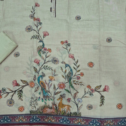 Beige and reddish maroon digital printed tissue linen unstitched salwar material, zai, thread and sequins detailing on front (Texture, Lining Needed)matching cotton bottom, digital printed tissue linen dupatta. SP261015