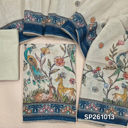 Beige and dark blue digital printed tissue linen unstitched salwar material, zai, thread and sequins detailing on front (Texture, Lining Needed)matching cotton bottom, digital printed tissue linen dupatta. SP261013