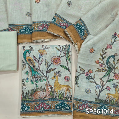 Beige and brown digital printed tissue linen unstitched salwar material, zai, thread and sequins detailing on front (Texture, Lining Needed)matching cotton bottom, digital printed tissue linen dupatta. SP261014