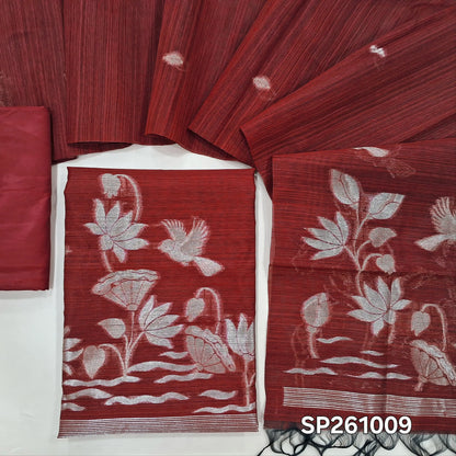 Bright red semi tussar unstitched salwar material, gold and silver zari weaving on front (Textured, Lining Needed)matching silky bottom, semi tussar dupatta with rich weaving. SP261009