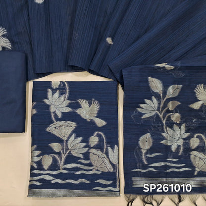 Dark blue semi tussar unstitched salwar material, gold and silver zari weaving on front (Textured, Lining Needed)matching silky bottom, semi tussar dupatta with rich weaving. SP261010
