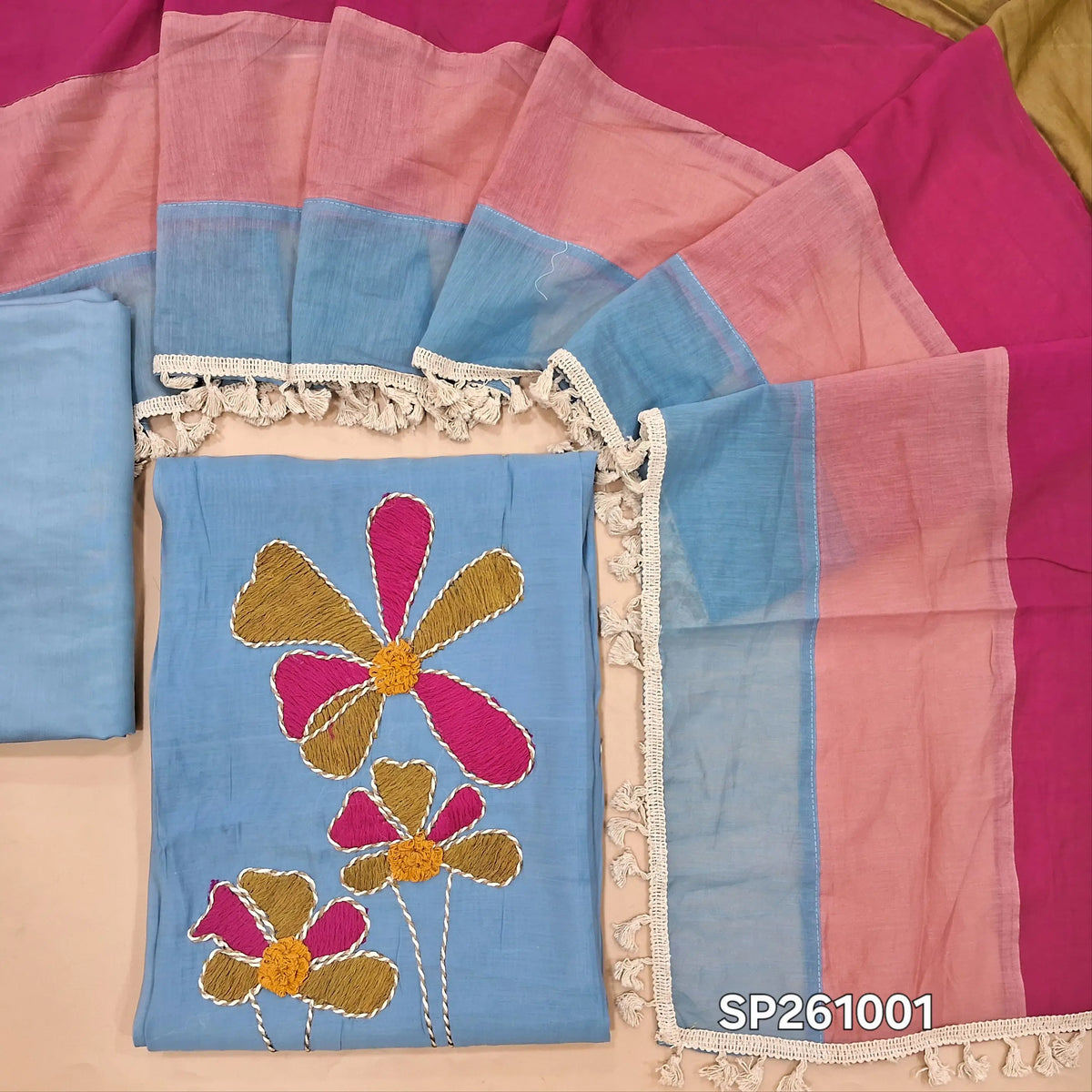 Powder blue mul chanderi unstitched salwar material with rich hand embroidery ondaman and yoke (Thin, Lining Needed)matching silky bottom,mul chanderi multicolored dupatta. SP261001