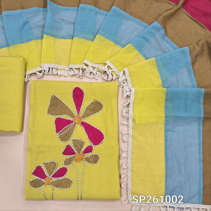 Yellow mul chanderi unstitched salwar material with rich hand embroidery ondaman and yoke (Thin, Lining Needed)matching silky bottom,mul chanderi multicolored dupatta. SP261002