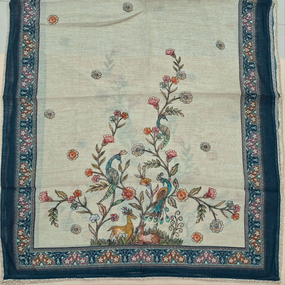 Beige and dark blue digital printed tissue linen unstitched salwar material, zai, thread and sequins detailing on front (Texture, Lining Needed)matching cotton bottom, digital printed tissue linen dupatta. SP261013