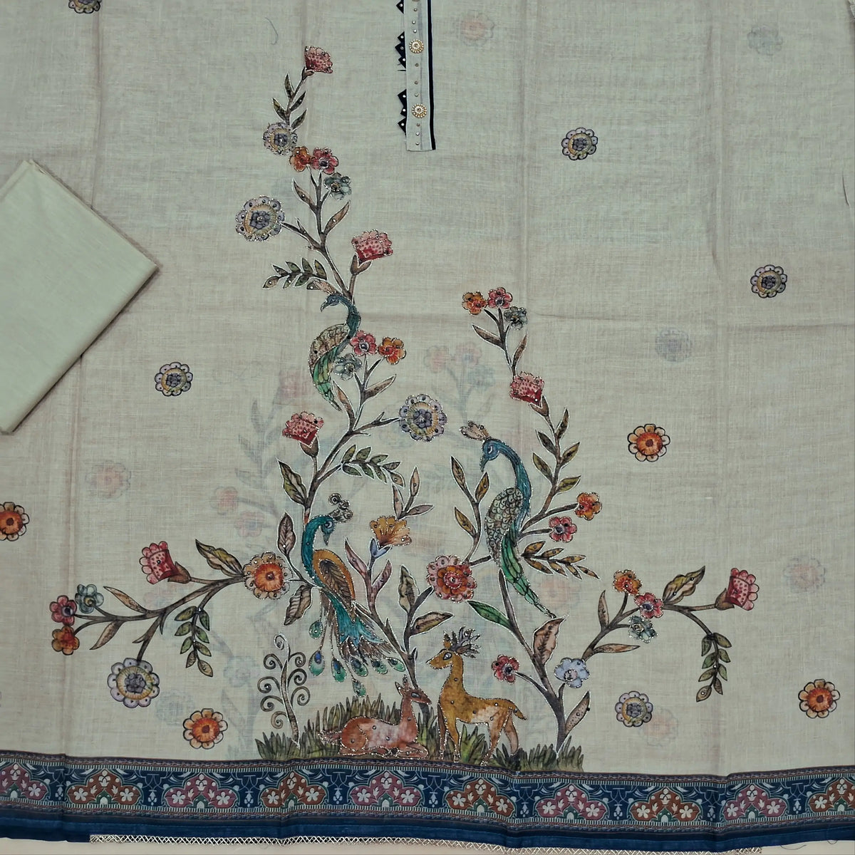 Beige and dark blue digital printed tissue linen unstitched salwar material, zai, thread and sequins detailing on front (Texture, Lining Needed)matching cotton bottom, digital printed tissue linen dupatta. SP261013