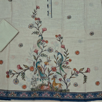 Beige and dark blue digital printed tissue linen unstitched salwar material, zai, thread and sequins detailing on front (Texture, Lining Needed)matching cotton bottom, digital printed tissue linen dupatta. SP261013