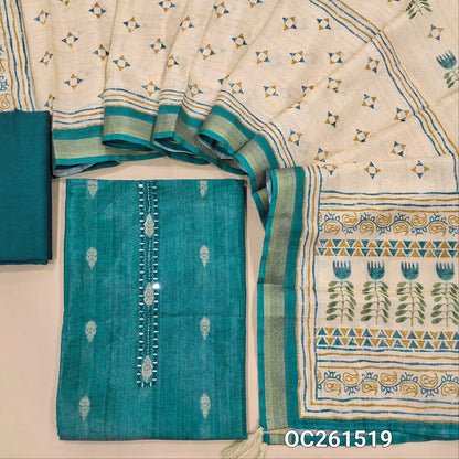 Blue with golden tint tissue silk cotton unstitched salwar material, real mirror yoke, copper zari buttas all over,(lining needed)silky bottom, digital printed soft tissue silk cotton dupatta with zari borders. OC261519