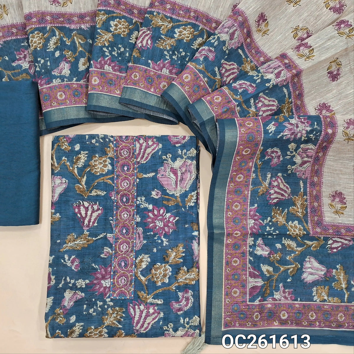 Blue digital printed premium silk cotton unstitched salwar material, floral printed all over,thread and real mirror work on yoke,(lining needed)silk cotton bottom, digital printed silk cotton dupatta. OC261613