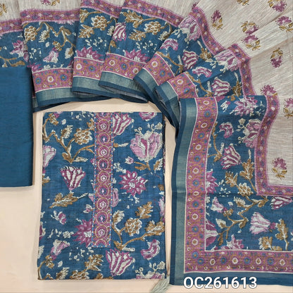 Blue digital printed premium silk cotton unstitched salwar material, floral printed all over,thread and real mirror work on yoke,(lining needed)silk cotton bottom, digital printed silk cotton dupatta. OC261613