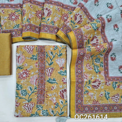 Fenugreek yellow digital printed premium silk cotton unstitched salwar material, floral printed all over,thread and real mirror work on yoke,(lining needed)silk cotton bottom, digital printed silk cotton dupatta. OC261614