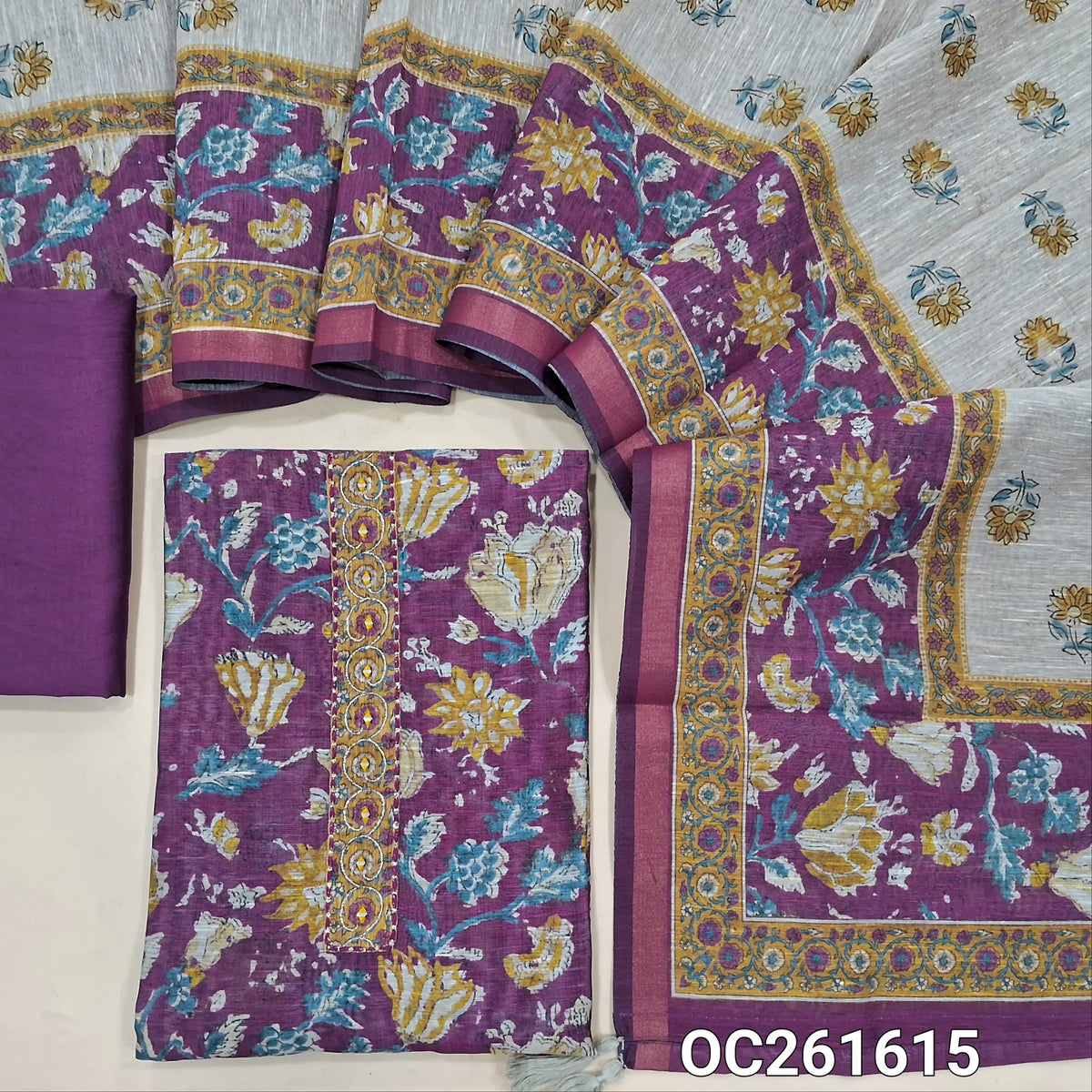 Dark purple digital printed premium silk cotton unstitched salwar material, floral printed all over,thread and real mirror work on yoke,(lining needed)silk cotton bottom, digital printed silk cotton dupatta. OC261615