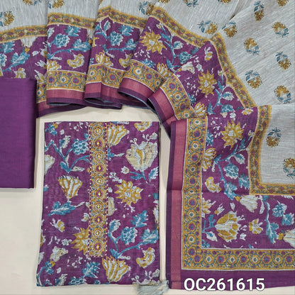 Dark purple digital printed premium silk cotton unstitched salwar material, floral printed all over,thread and real mirror work on yoke,(lining needed)silk cotton bottom, digital printed silk cotton dupatta. OC261615
