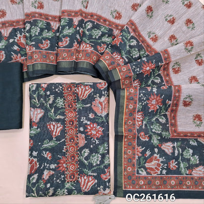 Black digital printed premium silk cotton unstitched salwar material, floral printed all over,thread and real mirror work on yoke,(lining needed)silk cotton bottom, digital printed silk cotton dupatta. OC261616