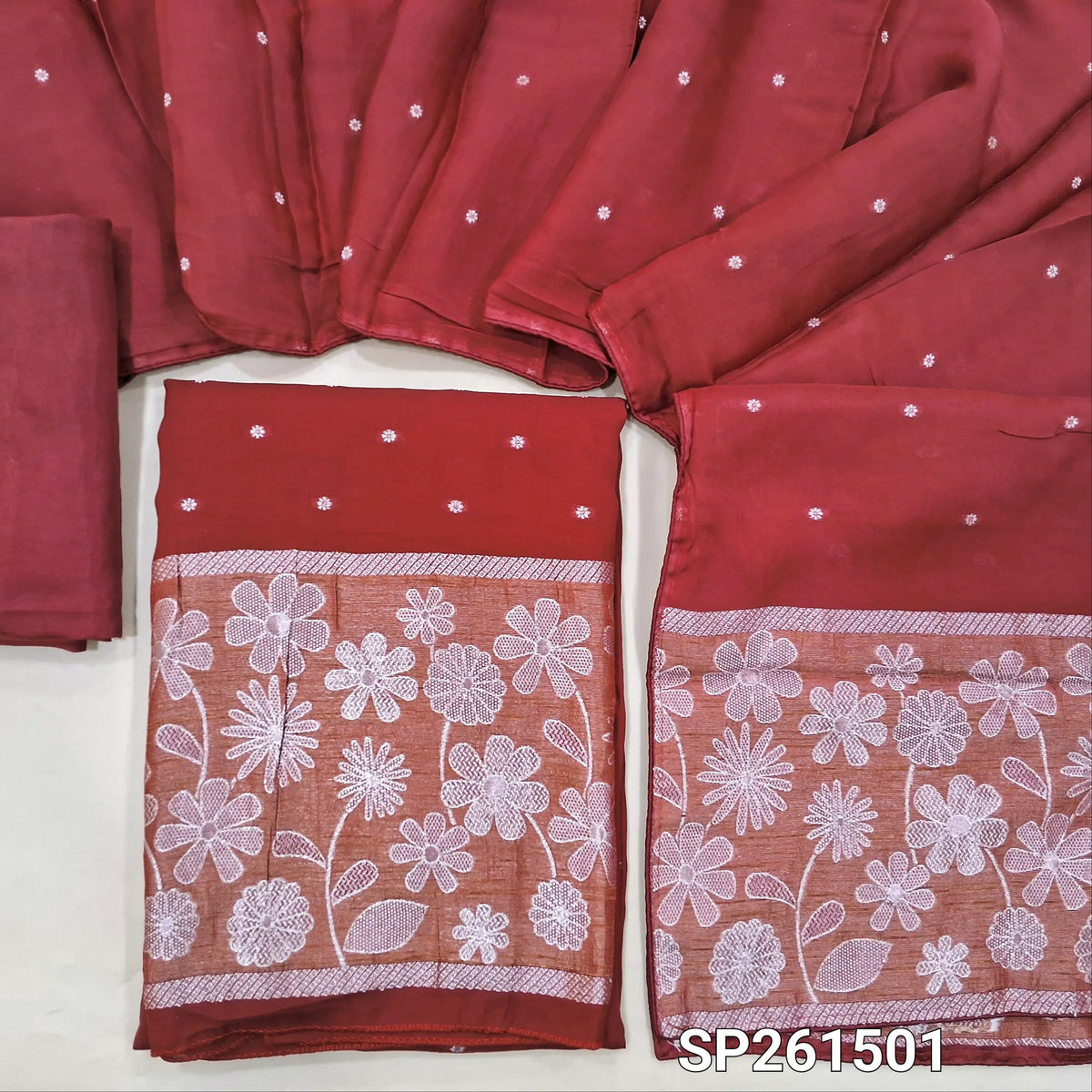 Reddish Maroon premium benarasi kora unstitched salwar material, rich silver zari weaving on daman and front (Soft, Silky, Lining Needed)matching silky bottom, benarasi kora dupatta with zari weaving. SP261501