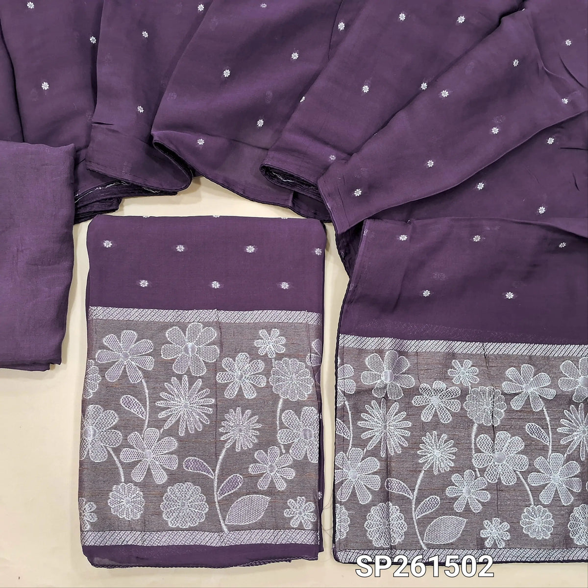 Dark purple premium benarasi kora unstitched salwar material, rich silver zari weaving on daman and front (Soft, Silky, Lining Needed)matching silky bottom, benarasi kora dupatta with zari weaving. SP261502