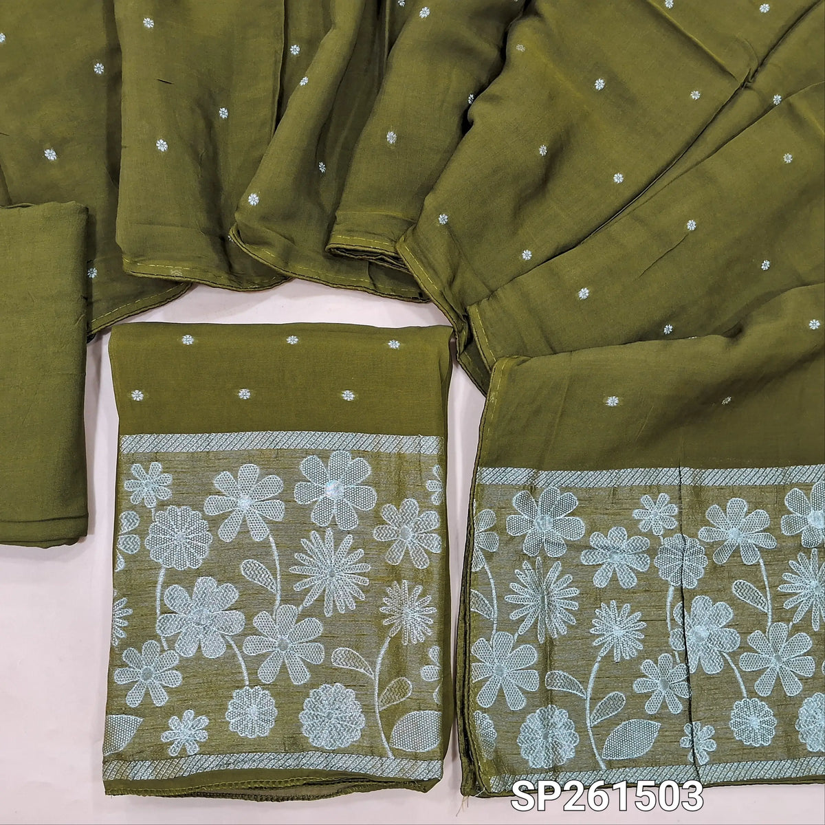 Dark Mossy green premium benarasi kora unstitched salwar material, rich silver zari weaving on daman and front (Soft, Silky, Lining Needed)matching silky bottom, benarasi kora dupatta with zari weaving. SP261503