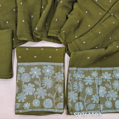 Dark Mossy green premium benarasi kora unstitched salwar material, rich silver zari weaving on daman and front (Soft, Silky, Lining Needed)matching silky bottom, benarasi kora dupatta with zari weaving. SP261503