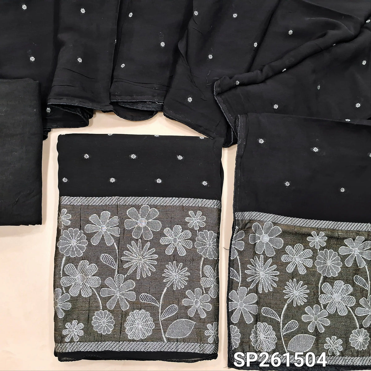 Black premium benarasi kora unstitched salwar material, rich silver zari weaving on daman and front (Soft, Silky, Lining Needed)matching silky bottom, benarasi kora dupatta with zari weaving. SP261504