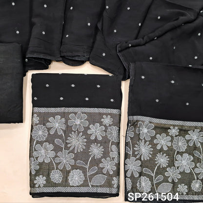 Black premium benarasi kora unstitched salwar material, rich silver zari weaving on daman and front (Soft, Silky, Lining Needed)matching silky bottom, benarasi kora dupatta with zari weaving. SP261504