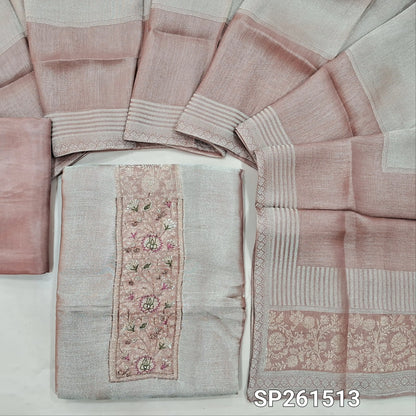 Light salmon pink tissue organza silk unstitched salwar material, zardosi and bead work on yoke (Soft, Lining Needed)matching santoon bottom, tissue organza silk dupatta with zari weaving. SP261513
