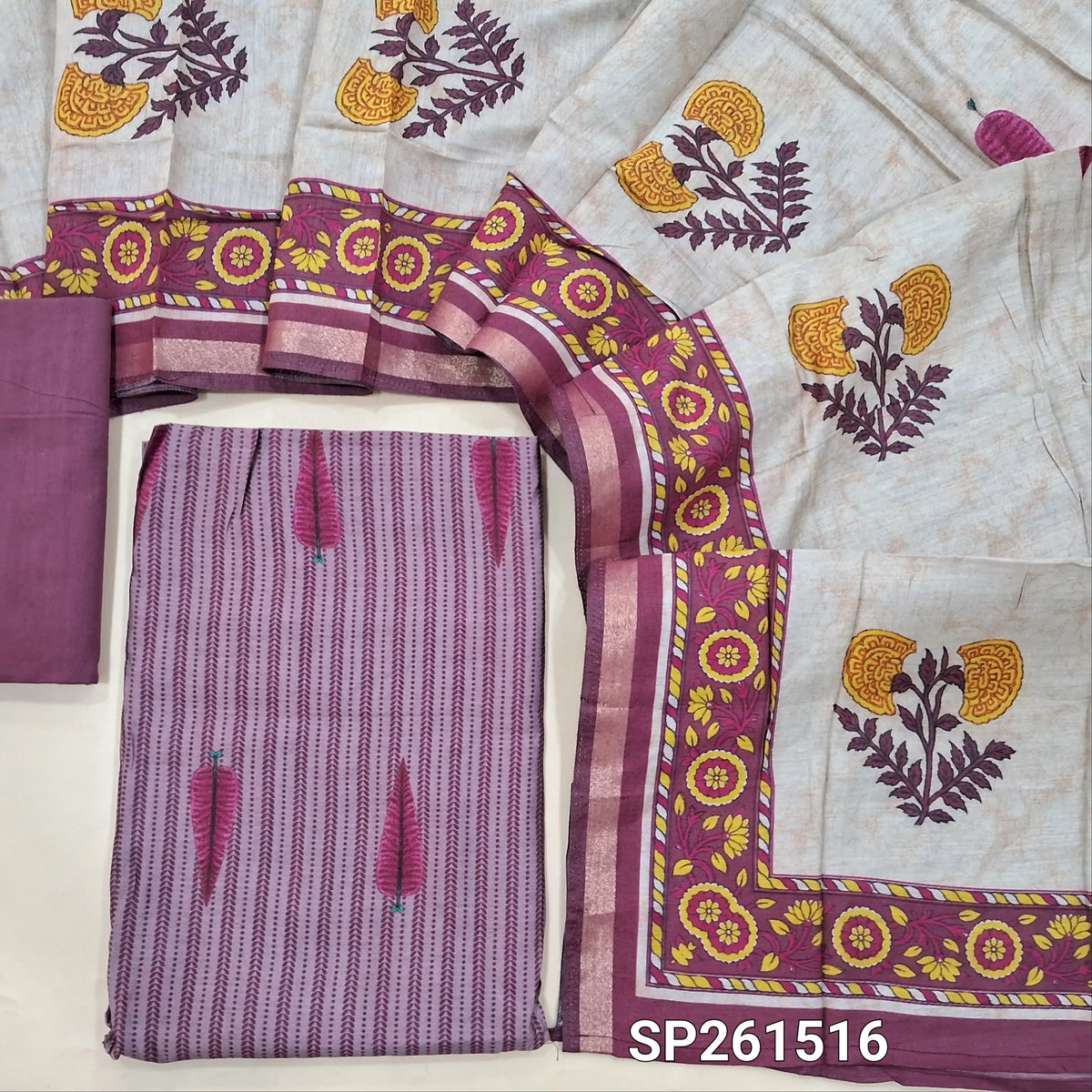Purple modal maslin silk digital printed unstitched salwar material (Soft, Lining Needed)matching silk cotton bottom, modal maslin printed dupatta. SP261516