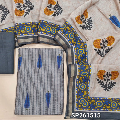 Grey modal maslin silk digital printed unstitched salwar material (Soft, Lining Needed)matching silk cotton bottom, modal maslin printed dupatta. SP261515