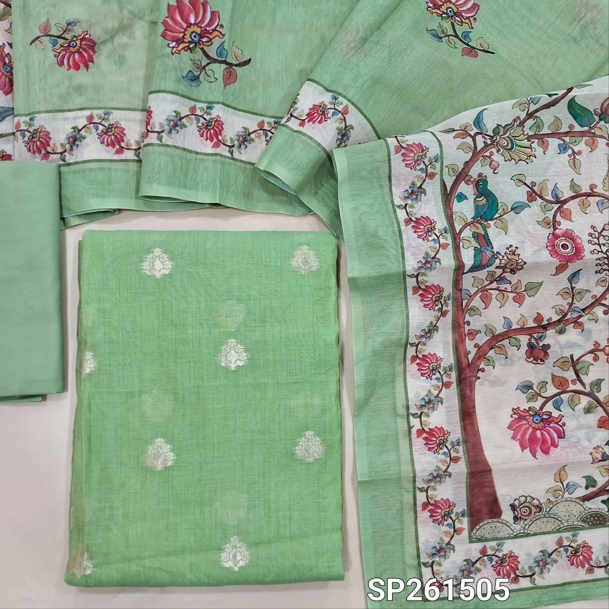 Pastel green silk cotton benarasi zari woven unstitched salwar material (Thin, Lightweight, Lining Needed)matching silky bottom, digital printed silk cotton dupatta. SP261505