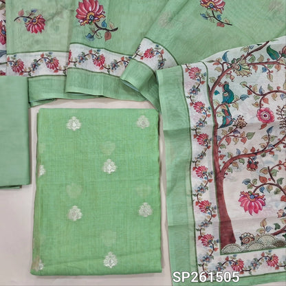 Pastel green silk cotton benarasi zari woven unstitched salwar material (Thin, Lightweight, Lining Needed)matching silky bottom, digital printed silk cotton dupatta. SP261505