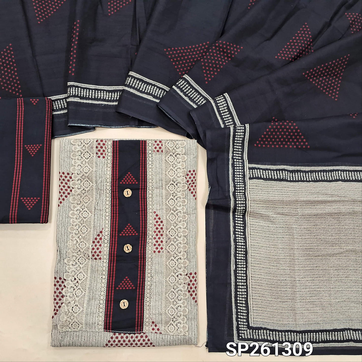 Beige with maroon soft cotton unstitched salwar material, digital printed, lace on yoke (Lining Optional)printed cotton bottom, printed mul cotton dupatta. SP261309