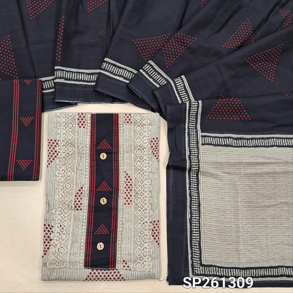 Beige with maroon soft cotton unstitched salwar material, digital printed, lace on yoke (Lining Optional)printed cotton bottom, printed mul cotton dupatta. SP261309