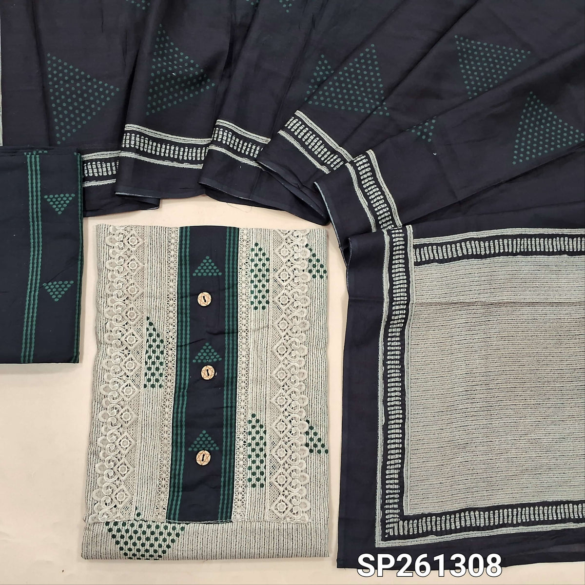 Beige with green soft cotton unstitched salwar material, digital printed, lace on yoke (Lining Optional)printed cotton bottom, printed mul cotton dupatta. SP261308