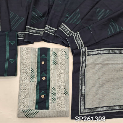 Beige with green soft cotton unstitched salwar material, digital printed, lace on yoke (Lining Optional)printed cotton bottom, printed mul cotton dupatta. SP261308