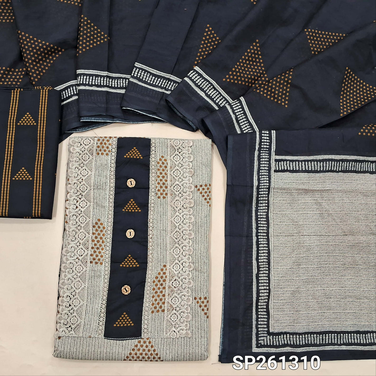 Beige with mehandhi yellow soft cotton unstitched salwar material, digital printed, lace on yoke (Lining Optional)printed cotton bottom, printed mul cotton dupatta. SP261310