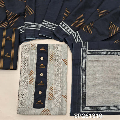 Beige with mehandhi yellow soft cotton unstitched salwar material, digital printed, lace on yoke (Lining Optional)printed cotton bottom, printed mul cotton dupatta. SP261310