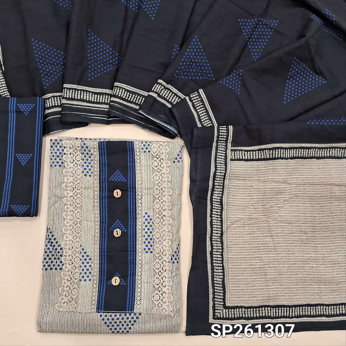 Beige with blue soft cotton unstitched salwar material, digital printed, lace on yoke (Lining Optional)printed cotton bottom, printed mul cotton dupatta. SP261307