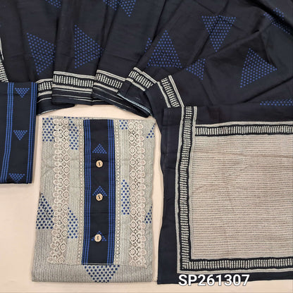 Beige with blue soft cotton unstitched salwar material, digital printed, lace on yoke (Lining Optional)printed cotton bottom, printed mul cotton dupatta. SP261307