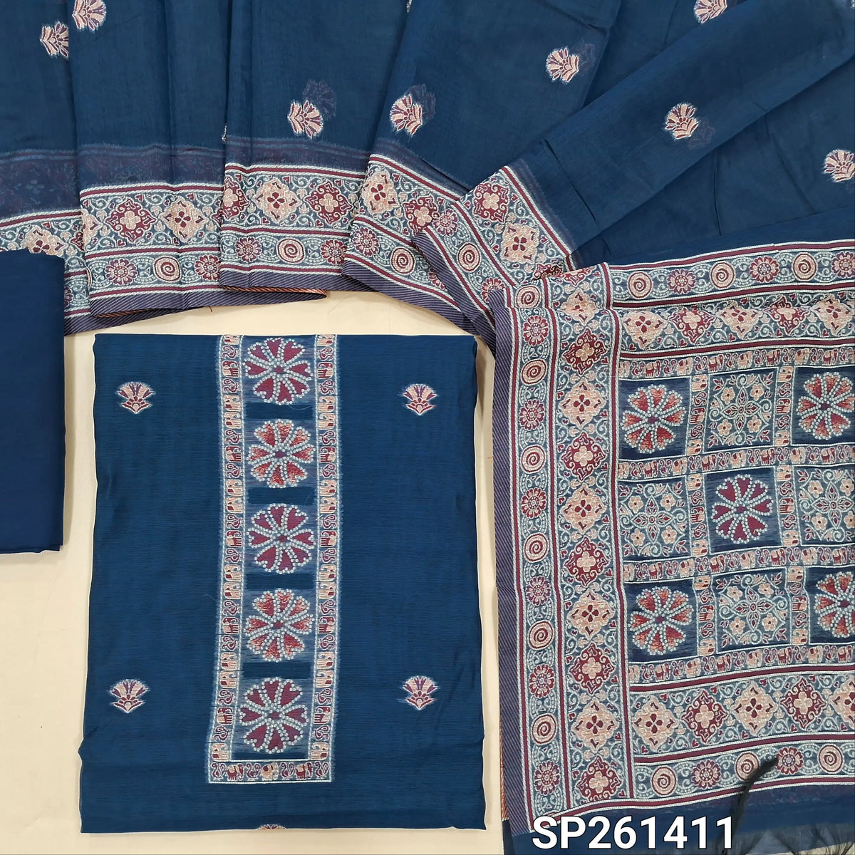 Teal blue soft silk cotton unstitched salwar material, thread weaving on yoke and daman (Lightweight, Thin, Lining Needed)matching silky bottom, silk cotton dupatta with thread weaving & borders. SP261411