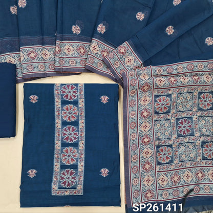 Teal blue soft silk cotton unstitched salwar material, thread weaving on yoke and daman (Lightweight, Thin, Lining Needed)matching silky bottom, silk cotton dupatta with thread weaving & borders. SP261411