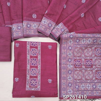 Dark pink soft silk cotton unstitched salwar material, thread weaving on yoke and daman (Lightweight, Thin, Lining Needed)matching silky bottom, silk cotton dupatta with thread weaving & borders. SP261410