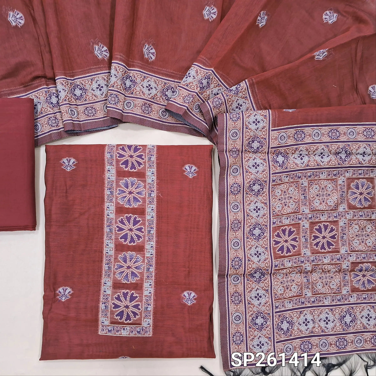 Reddish maroon soft silk cotton unstitched salwar material, thread weaving on yoke and daman (Lightweight, Thin, Lining Needed)matching silky bottom, silk cotton dupatta with thread weaving & borders. SP261414