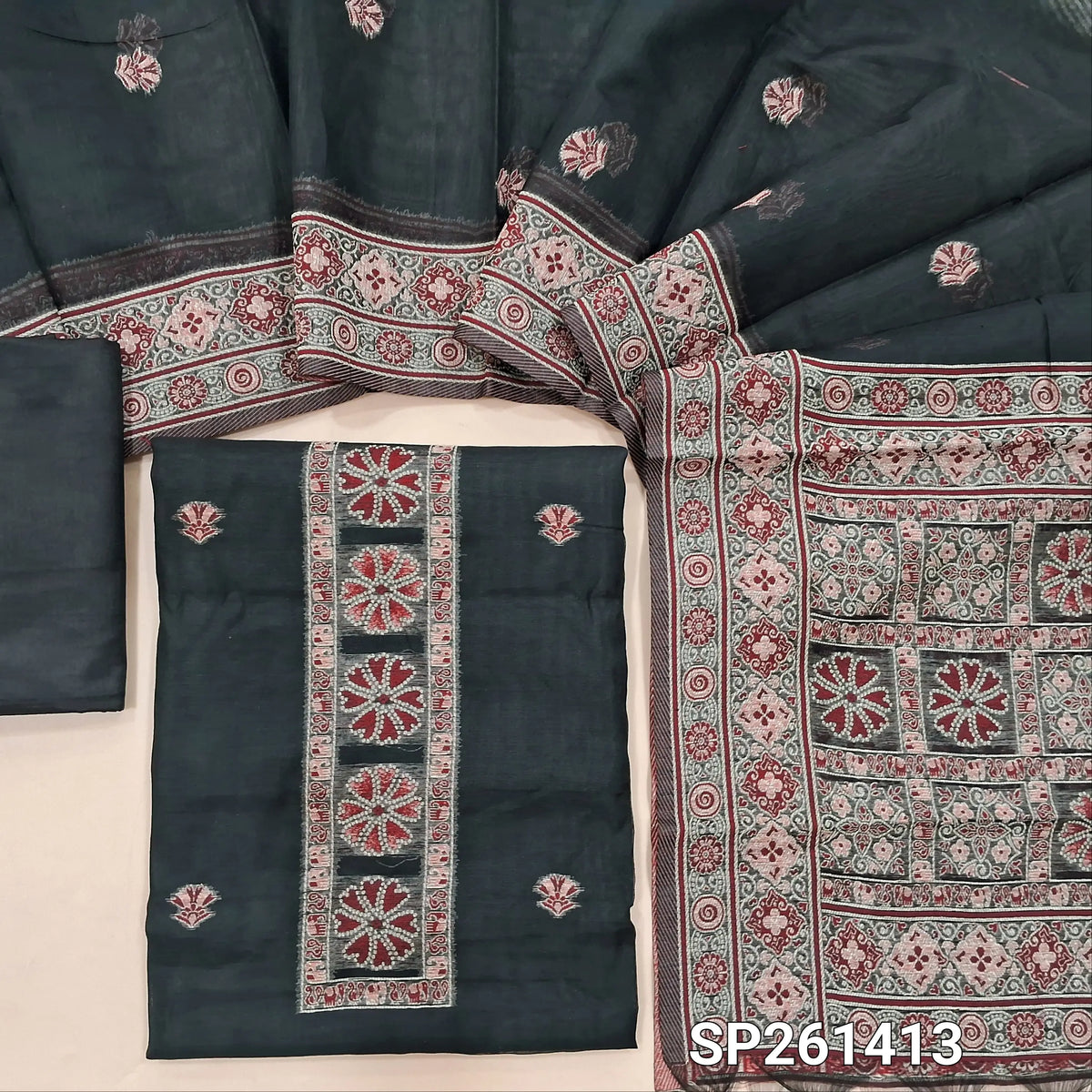 Black soft silk cotton unstitched salwar material, thread weaving on yoke and daman (Lightweight, Thin, Lining Needed)matching silky bottom, silk cotton dupatta with thread weaving & borders. SP261413