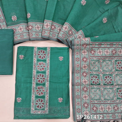 Dark teal green soft silk cotton unstitched salwar material, thread weaving on yoke and daman (Lightweight, Thin, Lining Needed)matching silky bottom, silk cotton dupatta with thread weaving & borders. SP261412