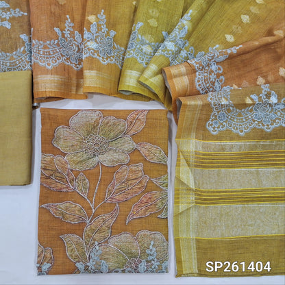 Mehandhi yellow dual shaded premium semi linen unstitched salwar material, digital prints wirh embroidery and real mirror work (Textured, Lining Needed)matching santoon bottom, digital printed premium semi linen dupatta with zari buttas. SP261404