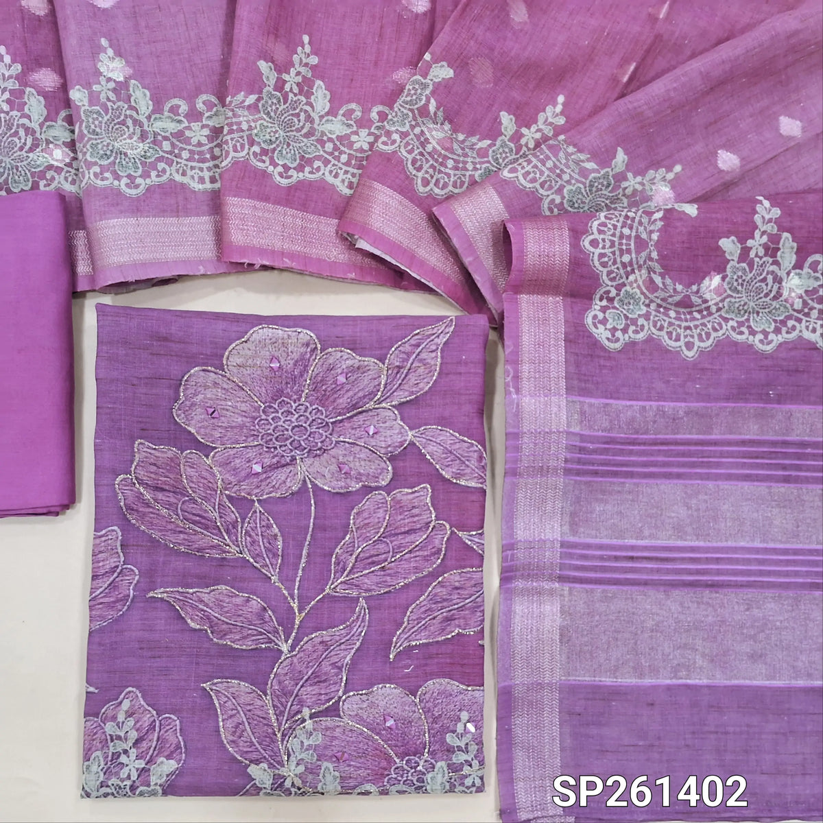 Purple dual shaded premium semi linen unstitched salwar material, digital prints wirh embroidery and real mirror work (Textured, Lining Needed)matching santoon bottom, digital printed premium semi linen dupatta with zari buttas. SP261402